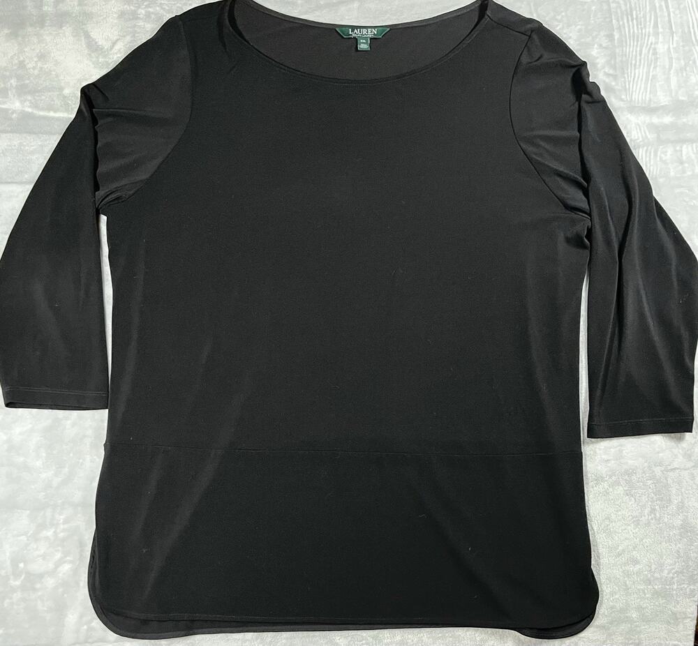LRL Ralph Lauren Womens 2X Black Stretch Tunic Goth Rounded Hem Top Career Basic